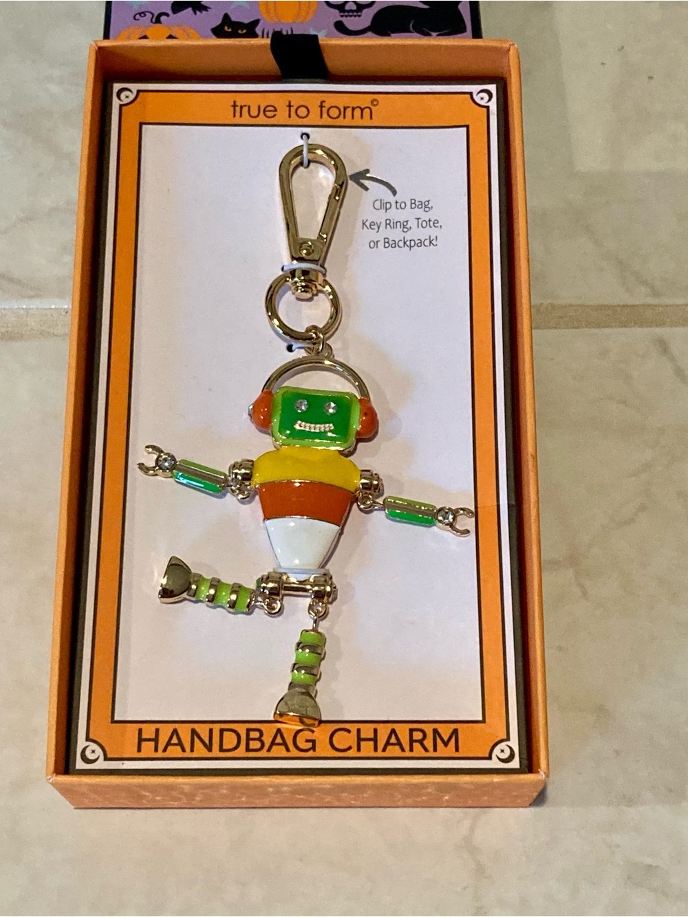 NEW IN BOX True To Form Colorful Robot Handbag Charm - Green & Orange